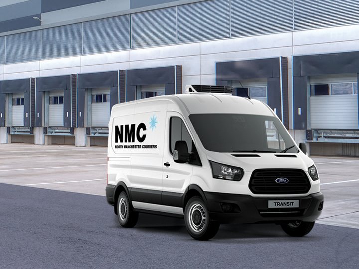 a van with North Manchester Couriers on it, and a warehouse in the background